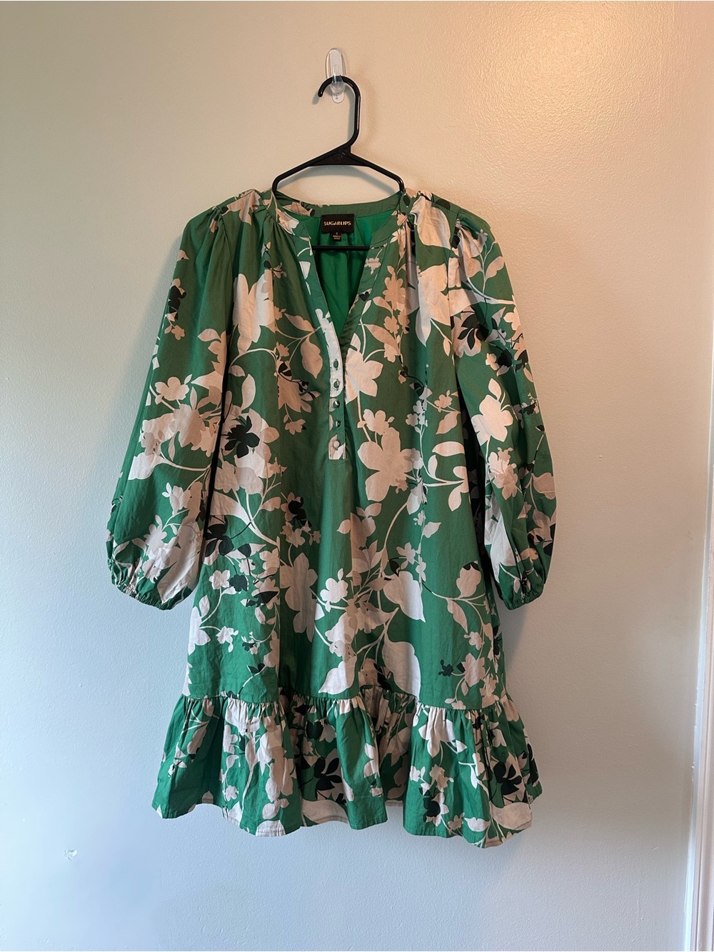 SugarLips Green Floral Ruffle Mini Dress | Long Sleeve Boho Babydoll Dress